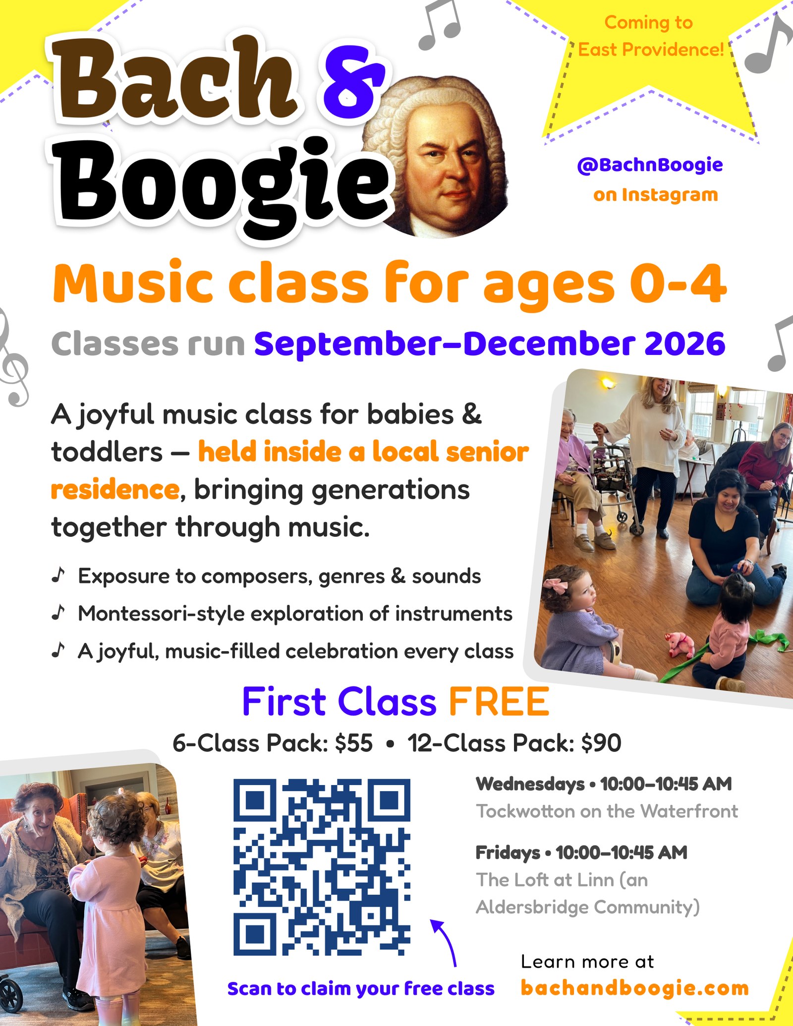 Bach & Boogie Providence Fall 2026 flyer — a joyful music class for babies and toddlers ages 0–4 held with seniors. Fridays at The Loft at Linn and Wednesdays at Tockwotton on the Waterfront. First class free.